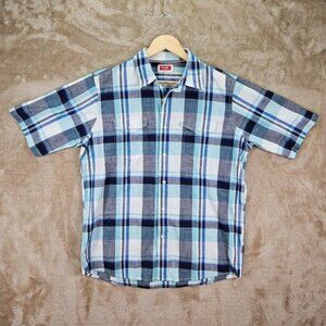 Wrangler Plaid Button-Down Shirt Blue Pockets Rancher Men's Size L Short Sleeve